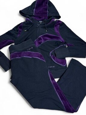 bebe Black and Purple Velvet-Trim Track Pants & Zip Hoodie Set